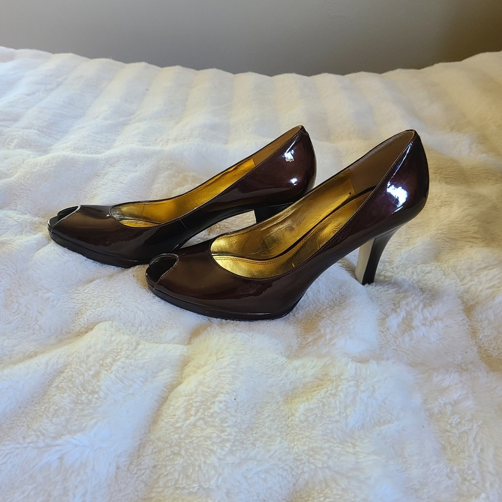 Enzo Angiolini Chocolate Brown Patent Leather Peep Toe Pumps